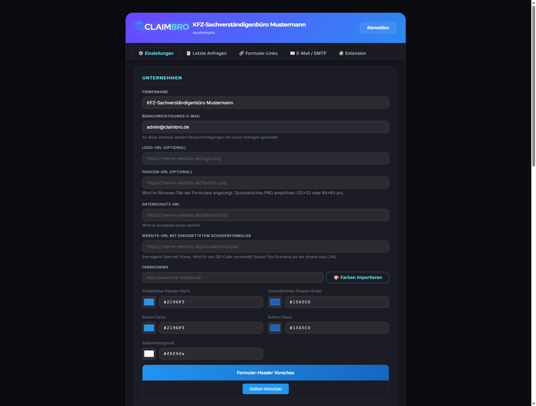 ClaimBro Dashboard – Einstellungen