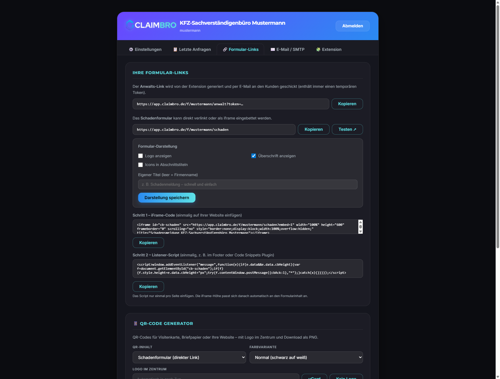 ClaimBro Dashboard – Formular-Links